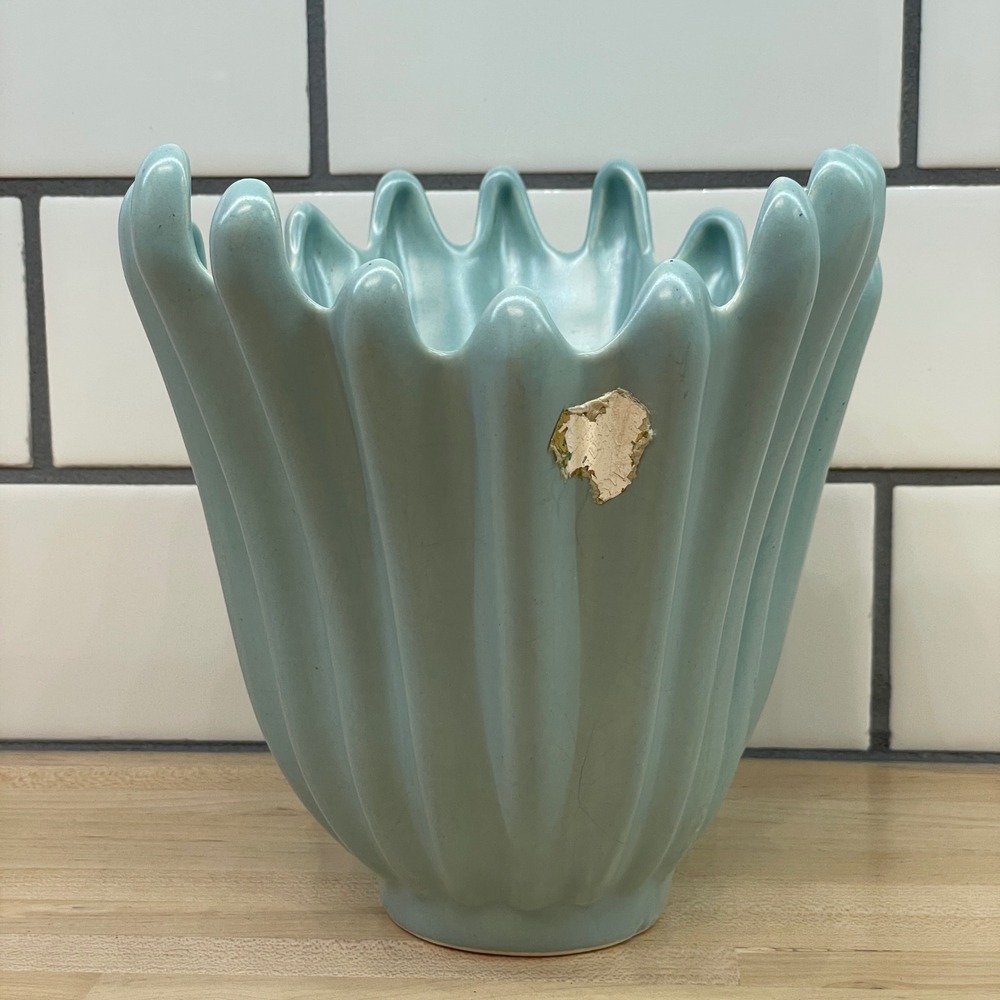 Vintage Mid Century Modern Light‎ Blue Splash Handkerchief Fluted Ceramic Vase - Picture 13 of 16